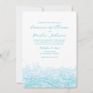 Aqua Blue Waves Beach Wedding Invitation