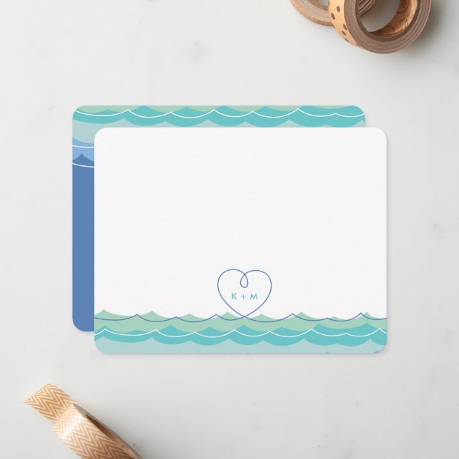 Aqua Blue Waves Loopy Heart Wedding Thank You Card (Front/Back In Situ)