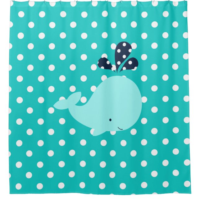 Aqua Blue Whale on Turquoise and White Polka Dots Shower Curtain (Front)