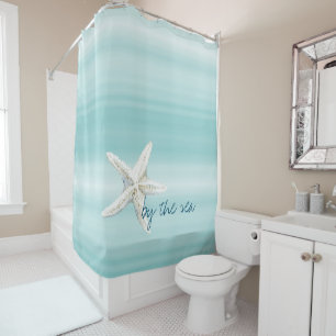 Aqua Blue White Beach Starfish Shower Curtain
