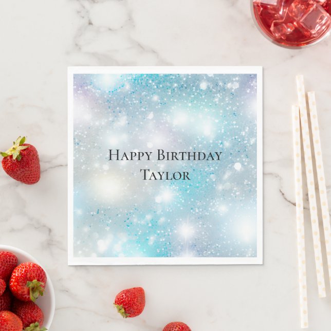 Aqua Blue White Bokeh Birthday Napkins (Insitu)