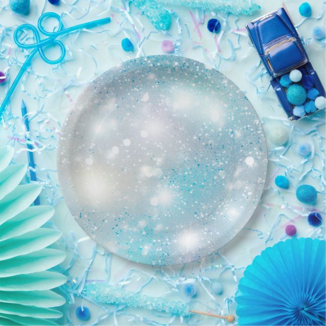 Aqua Blue White Bokeh Birthday Paper Plates (Party)