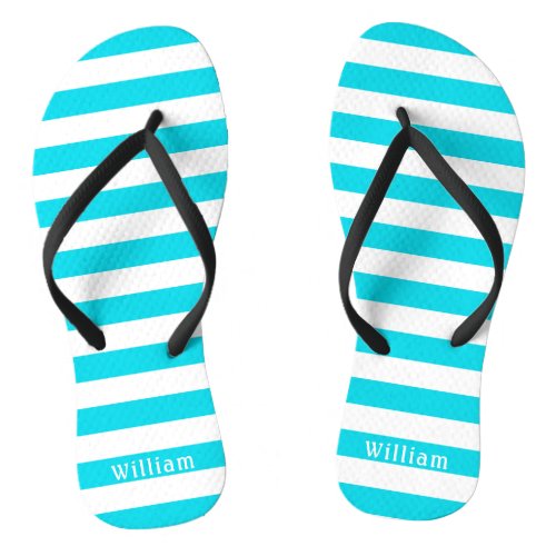 Aqua Blue White Cabana Stripes Personalized Beach Flip Flops