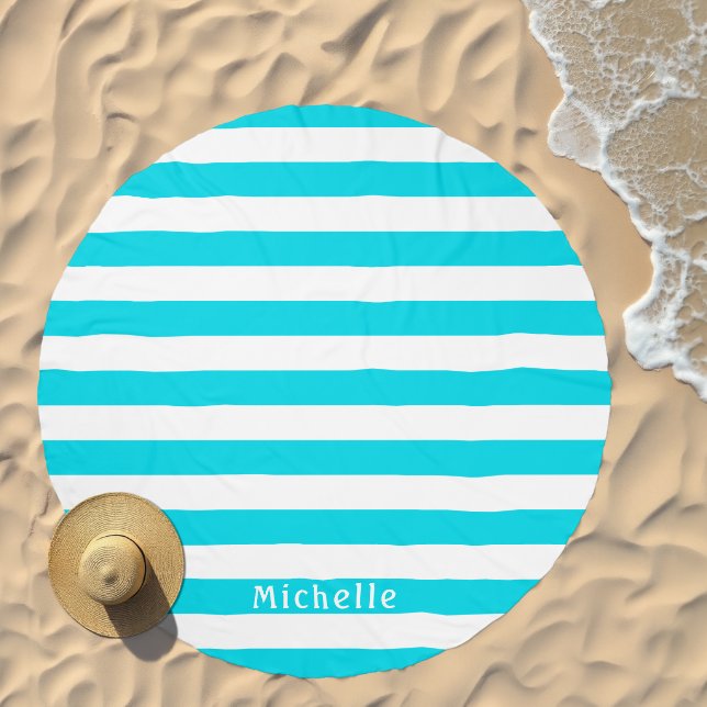 Aqua Blue White | Cabana Stripes Personalized Beach Towel (Beach)