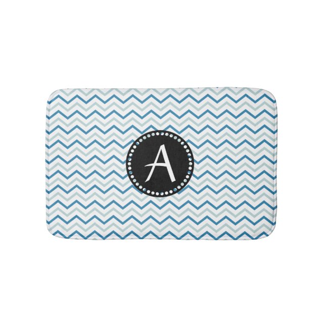 Aqua Blue & white Chevron zigzag Patter Monogram Bathroom Mat (Front)