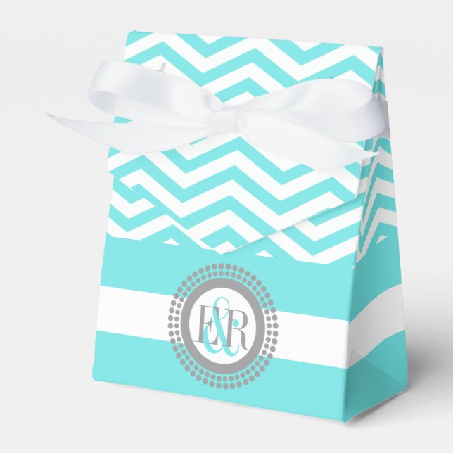Aqua blue, white chevron zigzag pattern wedding favor boxes (Front Side)