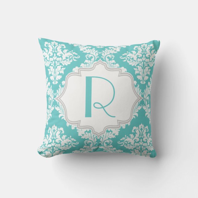 Aqua blue, white damask pattern throw throw pillow (Front)