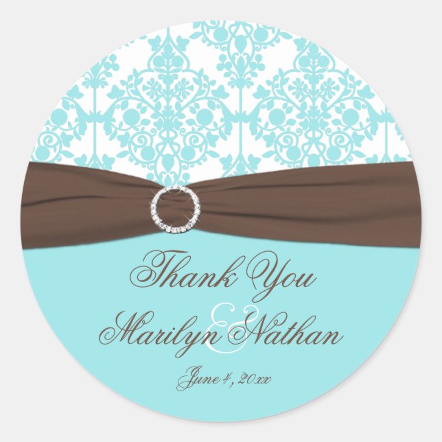 Aqua Blue, White Damask Wedding Favor Sticker (Front)