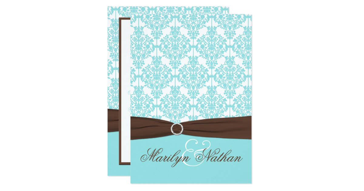 Aqua Blue, White Damask with Brown PRINTED Ribbon Card Zazzle