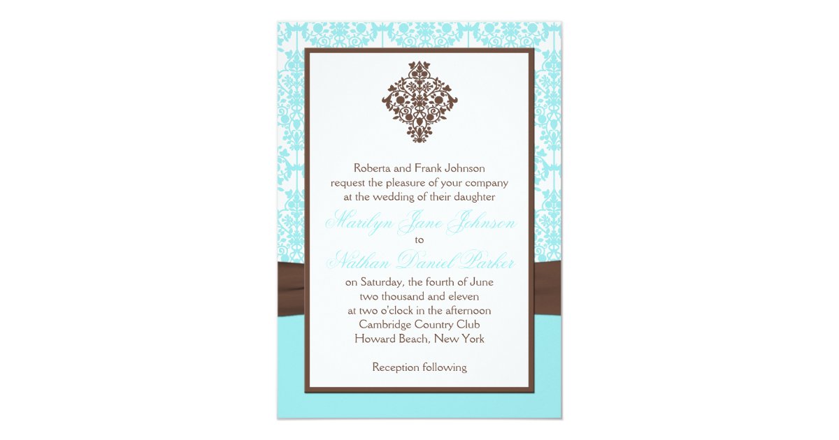 Aqua Blue, White Damask with Brown PRINTED Ribbon Card Zazzle