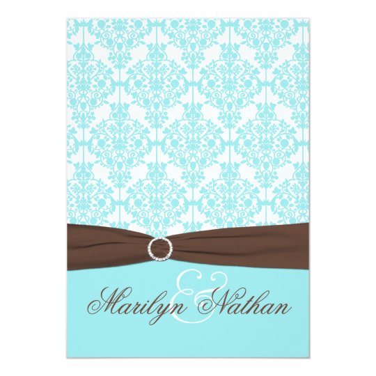Aqua Blue, White Damask with Brown PRINTED Ribbon Card Zazzle