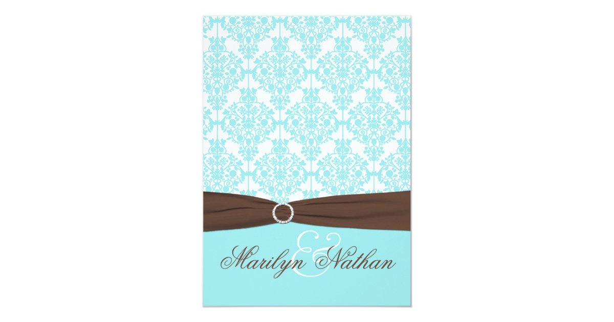 Aqua Blue, White Damask with Brown PRINTED Ribbon Card Zazzle