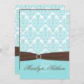 Aqua Blue, White Damask with Brown PRINTED Ribbon Invitation (Front/Back)