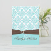 Aqua Blue, White Damask with Brown PRINTED Ribbon Invitation (Standing Front)