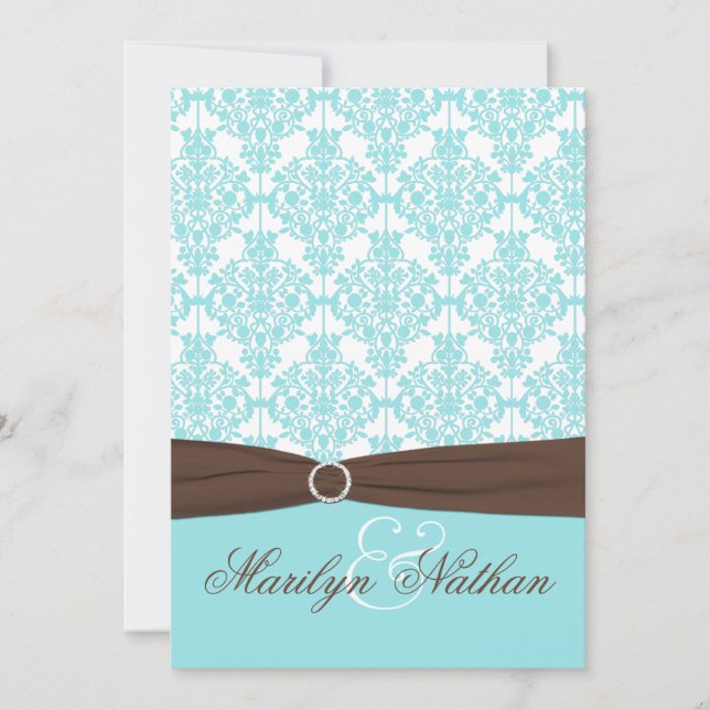 Aqua Blue, White Damask with Brown PRINTED Ribbon Invitation (Front)