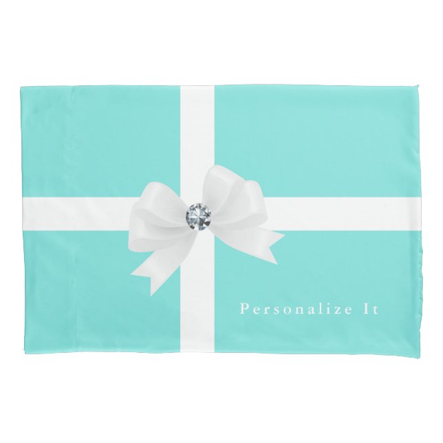 Aqua Blue & White Elegant Glam Diamond Bow Pillow Case (Front)