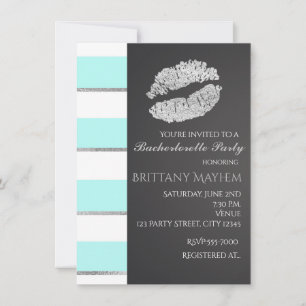 Aqua Blue & White Faux Silver Lips Kiss Party Invitation