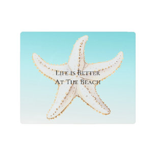 Aqua Blue White Gold Starfish Beach Metal Print