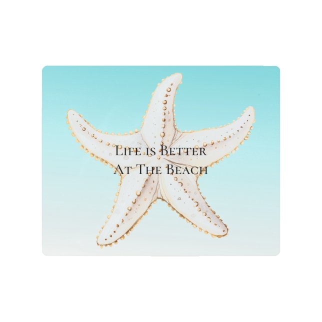 Aqua Blue White Gold Starfish Beach  Metal Print (Front)