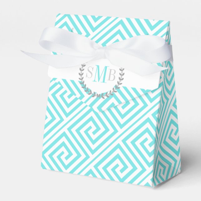 Aqua blue, white Greek key monogram wedding Favor Boxes (Front Side)