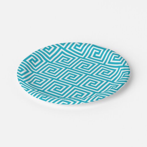 Aqua Blue White Greek Key Pattern Paper Plates