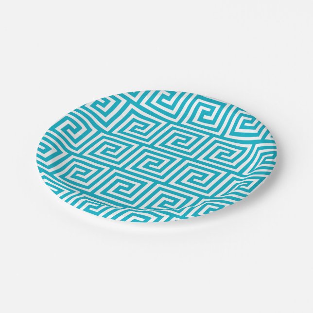 Aqua Blue White Greek Key Pattern Paper Plates (Angled)