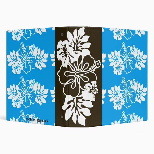 Aqua Blue & White Hawaiian Hibiscus Flower 3 Ring Binder (Background)