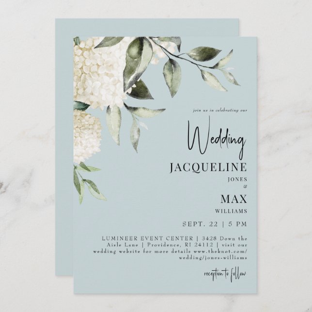 Aqua Blue White Hydrangeas Wedding Invitation (Front/Back)