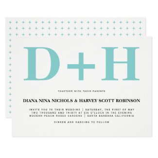 Aqua blue, white initials bold typography wedding invitation