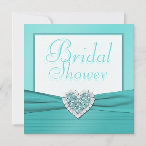 Aqua Blue, White Jewel Heart Bridal Shower Invite