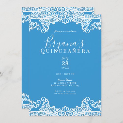 Aqua Blue  White Lace Elegant Quinceaera Party Invitation