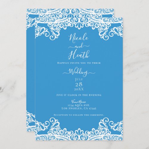 Aqua Blue  White Lace Elegant Wedding  Invitation