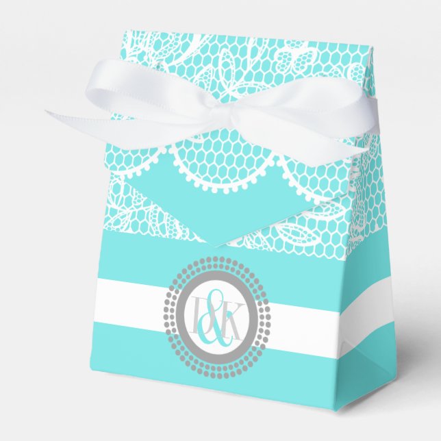 Aqua blue, white lace pattern initials wedding favor boxes (Front Side)
