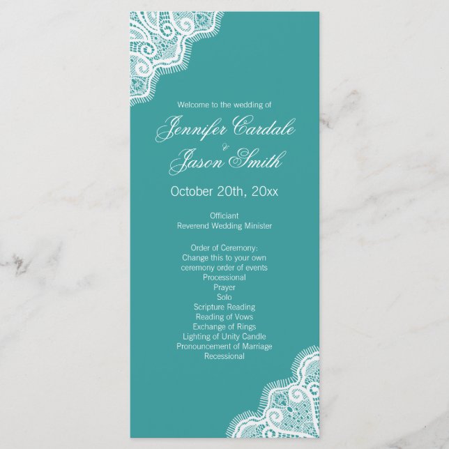 Aqua Blue White Lace Vertical Wedding Programs (Front)