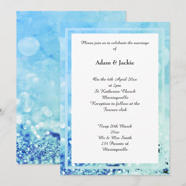 AQUA BLUE WHITE LAYER BOKEH PRINT WEDDING INVITATION (Front/Back)