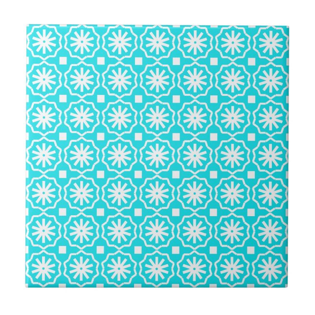 Aqua blue white modern geometric floral pattern ceramic tile (Front)