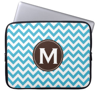 Aqua Blue White Monogram Chevron Pattern Laptop Sleeve
