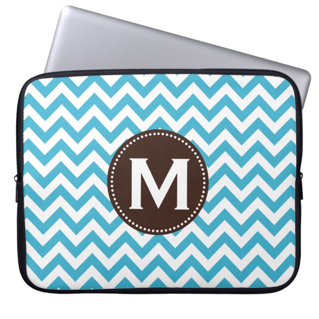 Aqua Blue White Monogram Chevron Pattern Laptop Sleeve (Front)