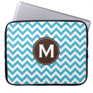 Aqua Blue White Monogram Chevron Pattern Laptop Sleeve