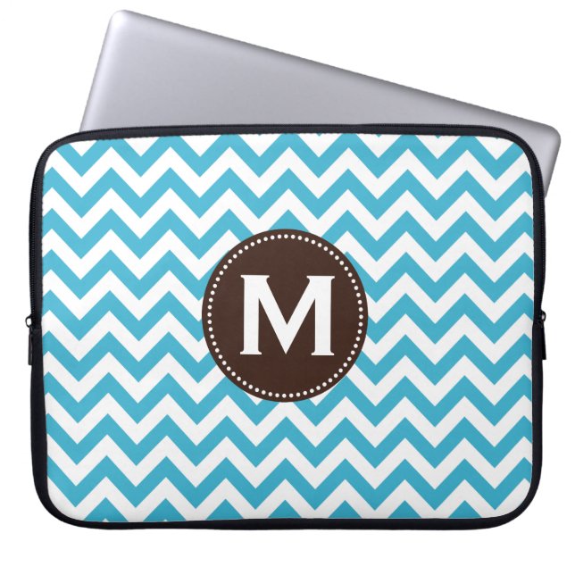 Aqua Blue White Monogram Chevron Pattern Laptop Sleeve (Front)