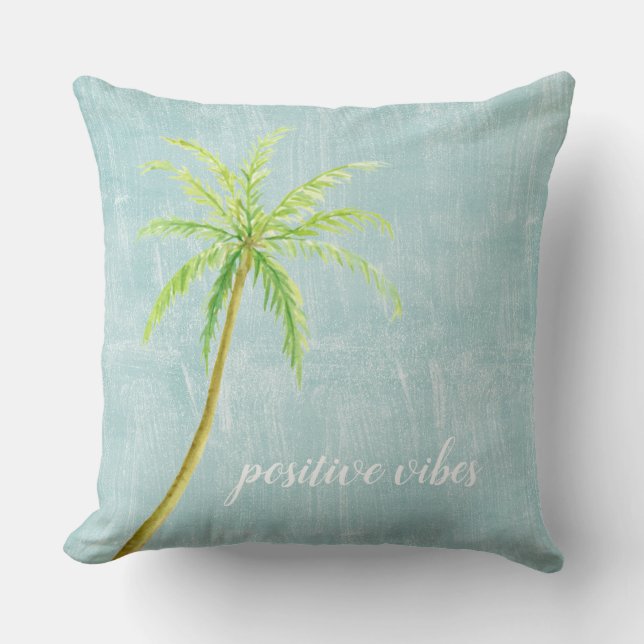 Aqua Blue White Ocean Shore Palm Tree Throw Pillow (Front)