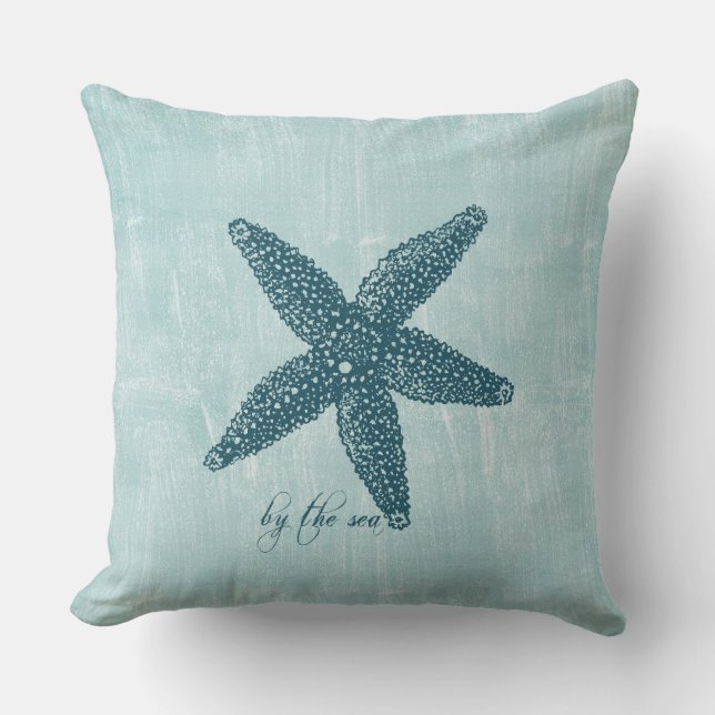 Aqua Blue White Ocean Shore Starfish Throw Pillow (Front)