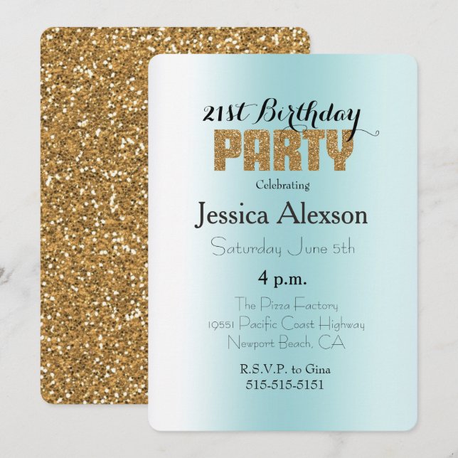 Aqua Blue White Ombre Gold Glitter Invitation (Front/Back)