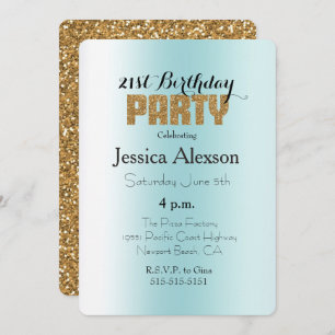 Aqua Blue White Ombre Gold Glitter Invitation