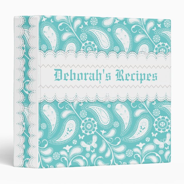 Aqua blue, white paisley with scalloped borders binder (Front/Spine)