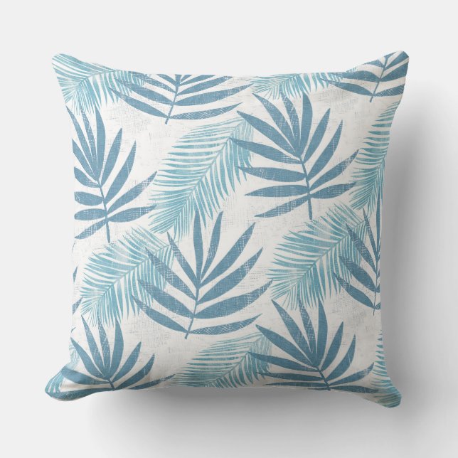 Aqua Blue White Palm Leaf Throw Pillow (Front)