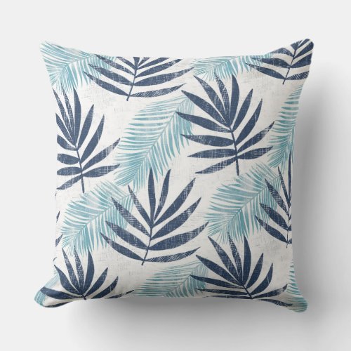 Aqua Blue White Palm Leaf Throw Pillow