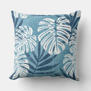 Aqua Blue & White Palm Leaf Throw Pillow