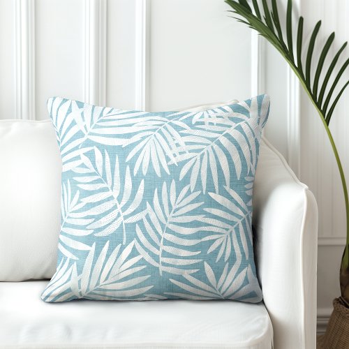 Aqua Blue  White Palm Leaf Throw Pillow