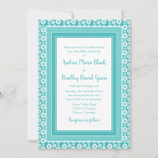 Aqua Blue White Pattern Floral Wedding Invitation (Front)